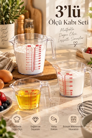 Porsima 3lü Şeffaf Plastik Ölçek Kabı - Beher Mutfak Ölçü Kabı 250ml-500ml-1000ml
