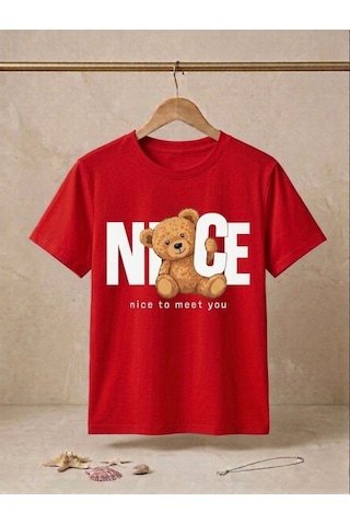 Ayıcık Figürlü Nice To Meet You Yazılı Oversize T-shirt Kırmızı