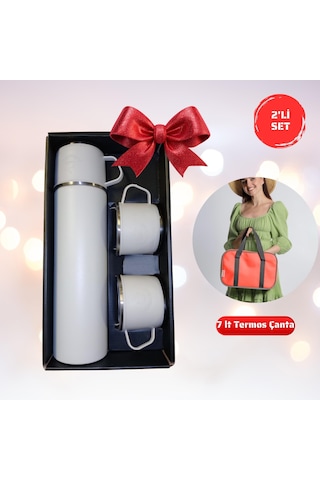 2li Set-paslanmaz Çelik 3 Bardaklı Matara Seti-500 Ml-7 Lt Termos Çanta Kırmızı