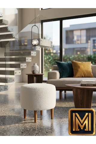 Soft 01 Yuvarlak Puf Koltuk Yumuşak Doku Nubuk Kumaş Modern Tasarım Dekoratif Puf Ahşap Ayaklı Oturma Pufu Şık Ve Konforlu Salon Ve Yatak Odası Pufu İskandinav Buklet Boucle Bohem Tabura Etnik Balkon Beyaz