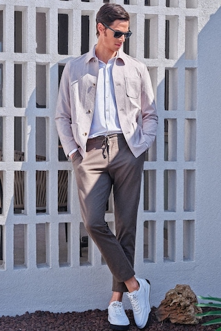 İmza Bej Berberi Yaka Çizgili Desen Gofreli Slim Fit Casual Mont 1007260153 Koyu Bej