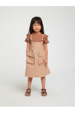 Kız Çocuk Büyük Cepli Askılı Salopet-14133 Camel