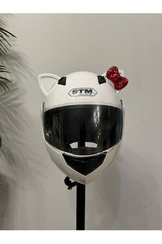 Motor & Motosiklet Kırmızı Fiyonklu Beyaz Kedi Kulak Kask Dış Aksesuarı Diğer