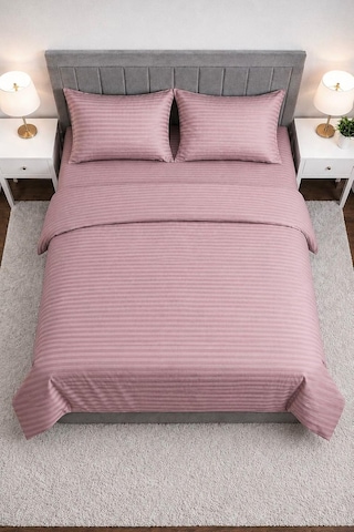 Wova Home Mauve Stripe Çift Kişilik Nevresim Takımı%90 Pamuk 83 Tel Saten Çizgili Lastikli Çarşaflı Mürdüm Nev Çok Renkli