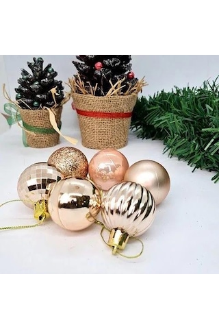 4 Cm - Yılbaşı Lüks Top Süs Seti 24 Adet Rose Gold Simli-parlak-mat-disco-çizgili Asetatlı Kutu