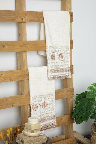 %100 Pamuk Güpürlü Çeyizlik 2'li Havlu 50x90 - Pudra Pudra