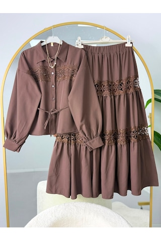 Lovie Moda Dantel Şeritli Gömlek Etekli Takım Kahverengi