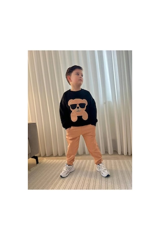 Jeliboomkidswear Erkek Çocuk 3-10 Yaş 2 İplik Riklalı Günlük Eşofman Takımı Siyah-camel