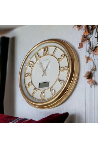 Termometreli Isı Ölçer Dijital Gold Salon Ofis Duvar Saati 47 cm Altın