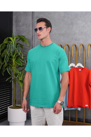 Modefendi Pamuk Likra Yırtmaç Detaylı 2 İplik Oversize Tshirt Yeşil