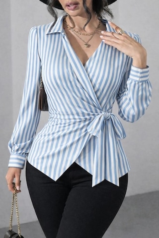 Defymoda Kadın Çizgili Kruvaze Bağlamalı Gömlek Beyaz-mavi