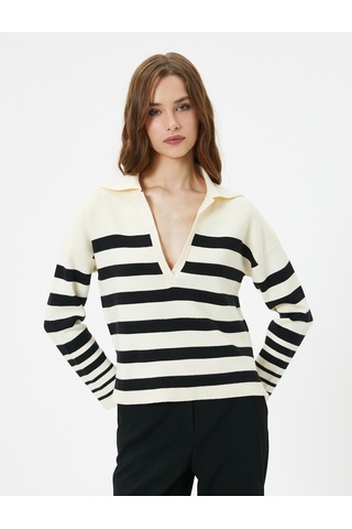 Koton Oversize Triko Kazak Polo Yaka Viskon Karışımlı Siyah Çizgili 4wak90154ht 4WAK90154HT9S9 Siyah