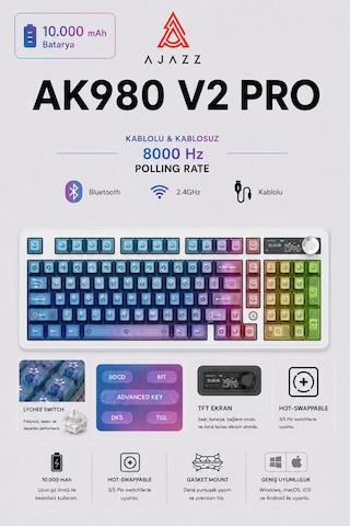 Ak980v2 Pro 8000 Hz Kablosuz Mekanik Oyun Klavyesi-tft Ekranlı-rapid Trigger