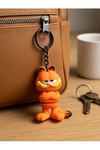 2 Adet Klasik Garfield Kedi Anahtarlığı 3d Esnek - Siyah Zincirli Turuncu