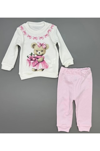 Kız Bebek Ayıcık Baskılı Çıt Çıtlı Alt Üst İkili Gündelik Takım Pembe