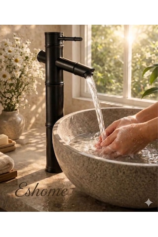 Eshome Siyah Lavabo Bataryası Çanak Lavabo Uyumlu Pirinç Gövde Mat Siyah Modern Banyo Musluğu