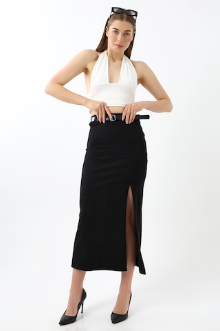 Gugus Kadın Süet Kuamaş Trend Model Uzun Kemerli Fermuar Kapamalı Yırtmaçlı 92 Cm Maxi Boy Etek Siyah