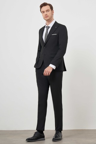 Morven Erkek Siyah Poliviskon Basic Jakar Desen Slim Fit Sivri Yaka Takım Elbise Siyah