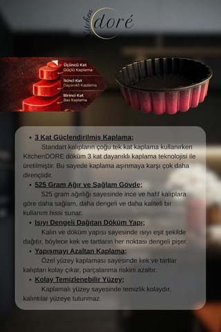 Kitchendore Turta Ve Tart Kek Kalıbı Cherry Red Kalın Döküm Üç Katmanlı Kaplama 525 Gram Diğer