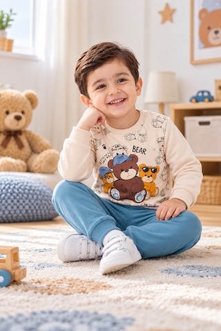 Tucankids Erkek Çocuk Eşofman Takımı Ayıcık Baskılı Sweatshirt Jogger Alt 2 Li Takım Bej - Turkuaz