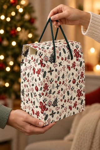 Yılbaşı Temalı İpli Karton Hediye Çantası, 1 Adet-20x14x25 Cm Yeniyıl Çam Ve Kurabiye Desenli Poşet