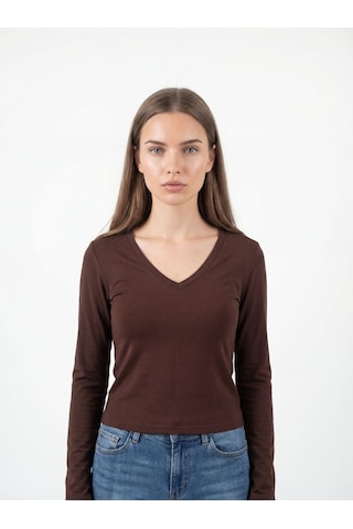 Slim Crop Fit Kadın Tshirt U.kol Kahverengi