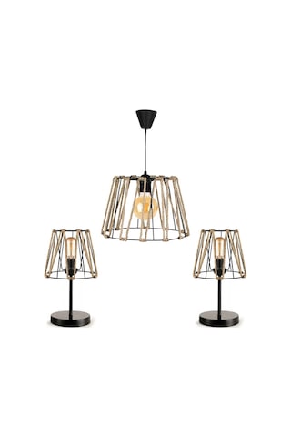 Otantik Üçlü Metal Avize Ve Abajur Seti Siyah