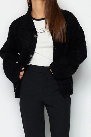 Ersefa Kadın Modern Tarz Oversize Polo Yaka Regular Triko Hırka Siyah