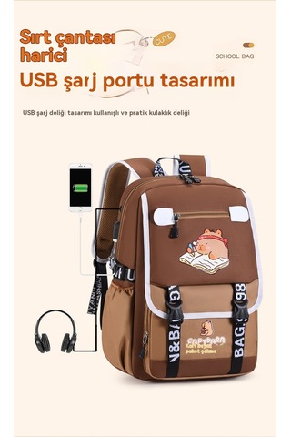 Dokuz Izgaralı Kapibara Okul Çantası Büyük Kapasiteli Öğrenci Okul Çantası Kahverengi