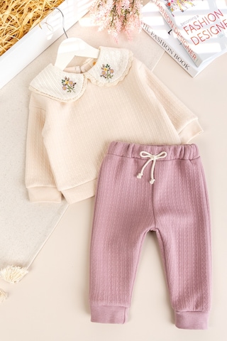 Babymod Bebe Yaka Çiçek İşlemeli 2'li Kız Bebek Takım Set Gülkurusu