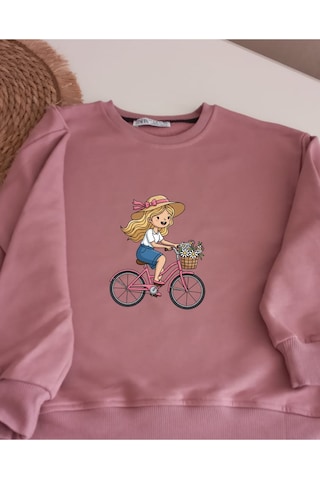 Kız Çocuklar İçin Bisikletli Kız Baskılı Pudra Rengi Sweatshirt Pudra Kız Çocuklar İçin Bisikletli Kız Baskılı Pudra Rengi Sweatshirt Pudra