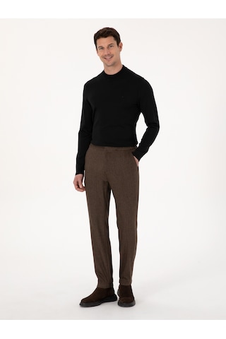 Cacharel Kahverengi Jogger Fit Beli Lastikli Yün Karışımlı Balık Sırtı Kanvas Pantolon