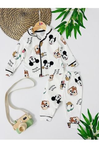Mickey Önden Düğmeli Mevsimlik 2 Parça Pjama Takımı Kahverengi