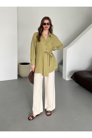 Haki %100 Pamuk Çapraz Düğmeli Beli Kemerli Gömlek Haki