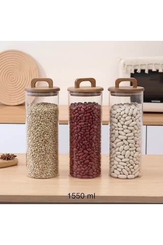 Borosilikat Cam Vakumlu Kavanoz 1550 Ml Akasya Kapaklı Bakliyat & Baharat Kavanozu 3 Adet Şeffaf