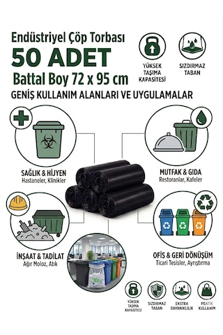 Battal Boy Sızdırmaz Endüstriyel Çöp Poşeti 72x95 Cm 50'li Rulo - 300 Gram Ekstra Dayanıklı
