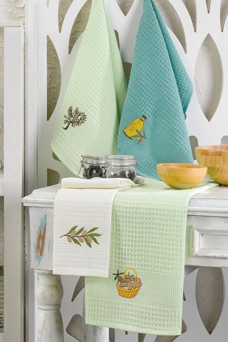 6lı Kurulama Peçetesi Nakışlı 40x60 Zeytin Yeşil-beyaz