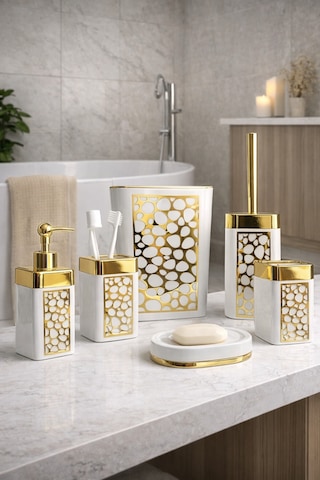 Arvale Pleksi Gold Detaylı 5 Li Banyo Aksesuar Seti Beyaz
