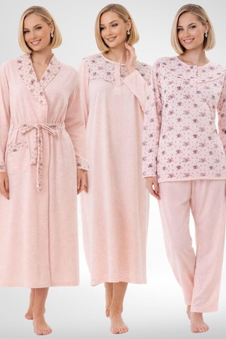 Mecit Pijama Mecit 6320 Pudra Büyük Beden Kadın Sabahlık Pijama Gecelik Set Pudra