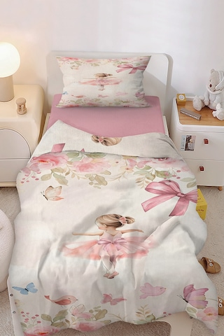 Balerin Kelebek Ve Çiçekli Tek Kişilik Çocuk Nevresim Seti Pembe