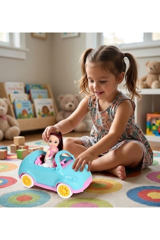 Mini Arabalı Mira Bebek 16cm Arabalı Köpekli Sevimli Bebek Figürlü Eğlenceli Oyuncak Seti