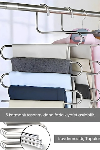 6 Adet - 5 Bölmeli Metal Pantolon Askısı - Giysi Eşarp Fular Kıyafet Askısı Düzenleyici Organizer Krom