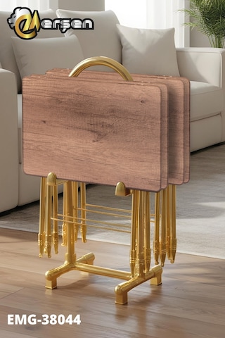 Eranş Serisi 4'lü Katlanır Mdf Mebran Ahşap Çanta Zigon Sehpa Gold Ayak Koyu Ahşap Desen Gold Ayak
