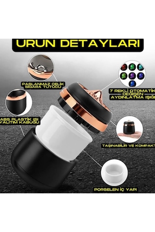 Carub Araç İçi Küllük Porselen + Abs 7 Renk Işıklı Kapaklı Yanmaz Koku Geçirmez Altın Siyah Renk Br2944643
