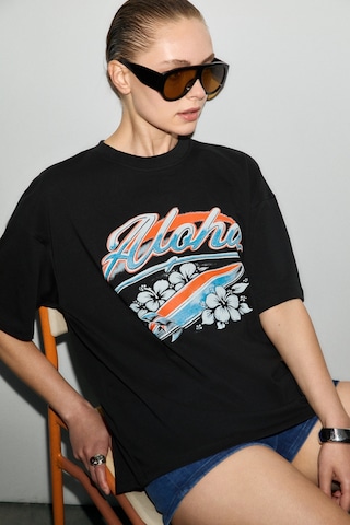 Grımelange Mechelena Kadın %100 Organik Pamuklu Yuvarlak Yakalı Baskılı Siyah T-shirt