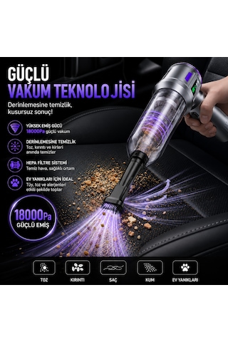 Kablosuz Araç İçi Süpürge 18000pa Güçlü Vakum Üflemeli 13 Aparatlı Type-c Şarjlı El Süpürgesi Gümüş