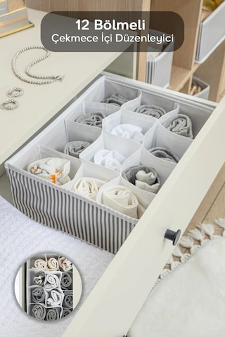 12 Bölmeli Çok Amaçlı Çekmece Düzenleyici Organizer Havlu-çorap-iç Çamaşırı Vb 31x25x12 Cm Gri-beyaz