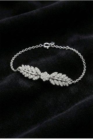 Roza Silver 925 Ayar Rodyum Zirkon Taşlı Yaprak Motifli Işıltılı Gümüş Bileklik Rzb10089 Gümüş