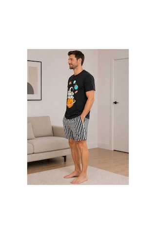 Pijamask Erkek Baskılı Şortlu Pamuklu Yazlık Pijama Takımı Siyah