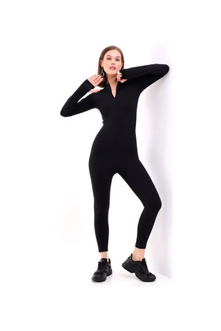 Winmoda34 Kadın Dalgıç Polarlı Likralı Spor Günlük Tulum Önden Fermuar Detaylı Uzun Kol Parmak Geçmeli Model Siyah